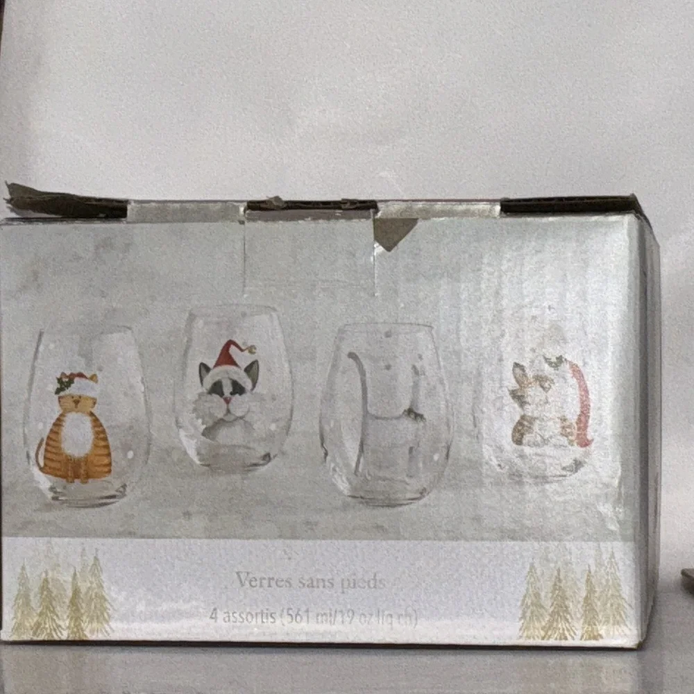 Pier 1 Stemless Wine Glasses Set of 4 Clear Decorated Christmas Cat 19 Oz. NIB